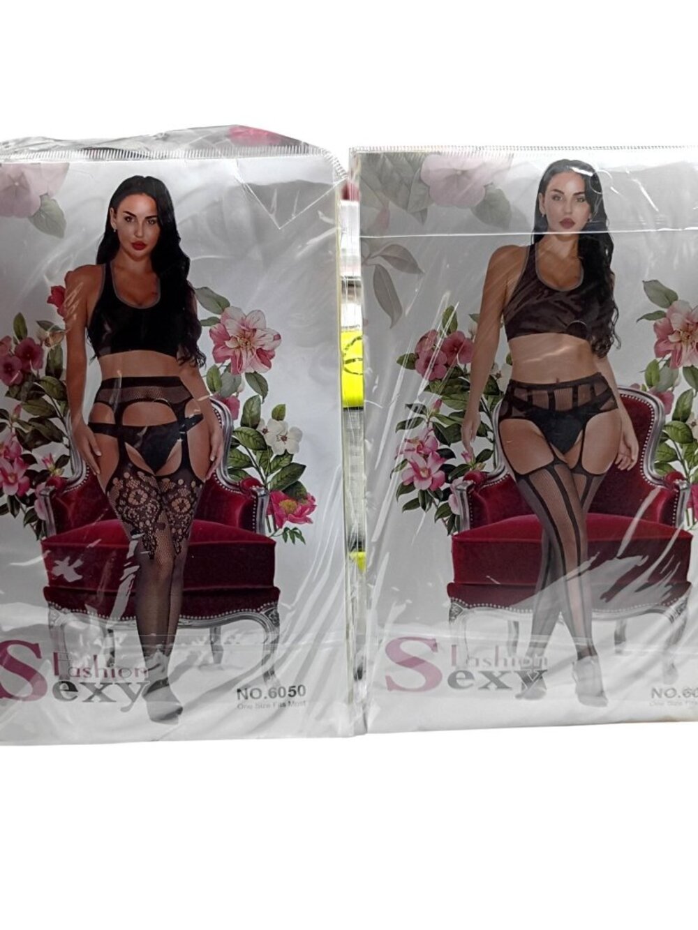 Fashion Sexy Patterned Pantyhose No.6050 & 6057 One Size Fits Most Black Nylon